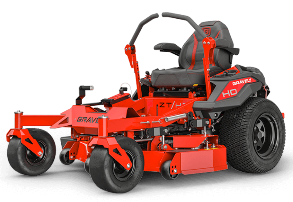 Red Gravely zero-turn lawn mower on a black background