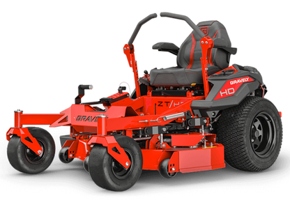 Red Gravely zero-turn lawn mower on a black background