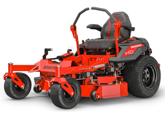 Red Gravely zero-turn lawn mower on a black background