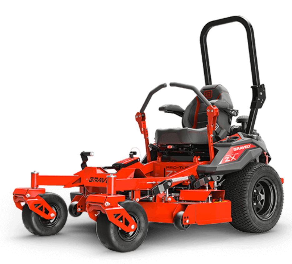 Red zero-turn lawn mower on a black background