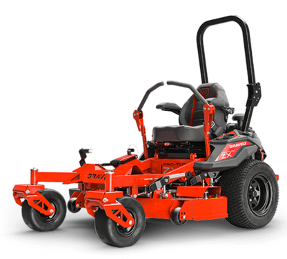 Red zero-turn lawn mower on a black background