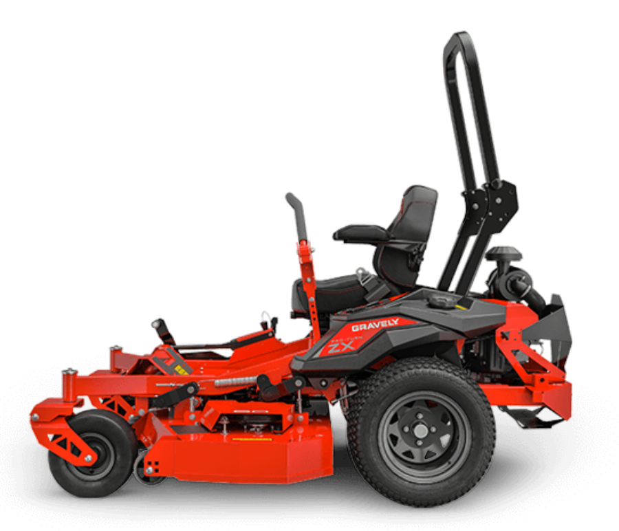 Red zero-turn lawn mower on a black background