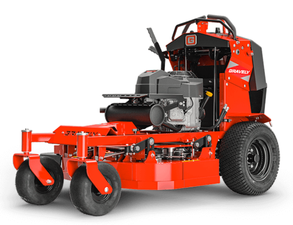 Red lawn mower with visible engine on a white background
