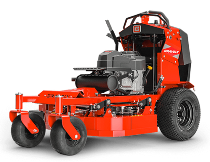 Red lawn mower with visible engine on a white background