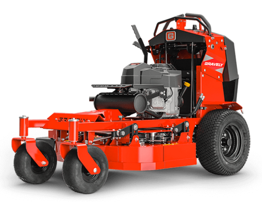Red lawn mower with visible engine on a white background